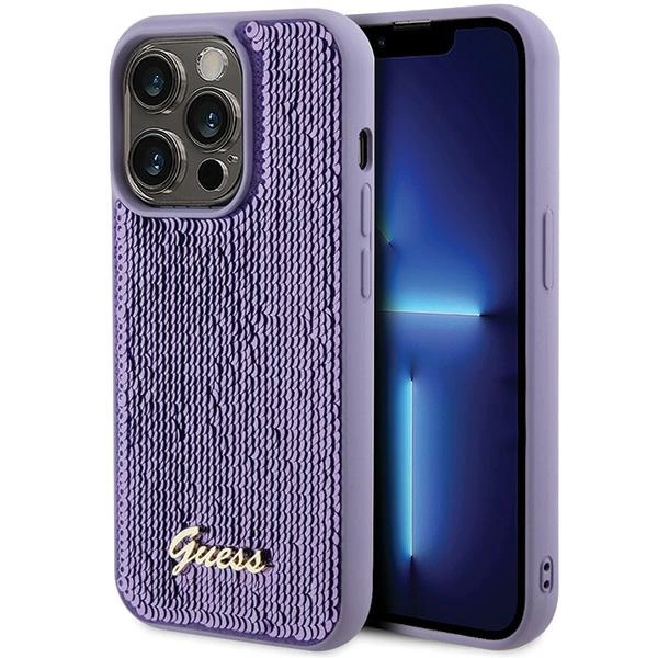 Guess Sequin Script Metal case for iPhone 15 Pro - purpleeng