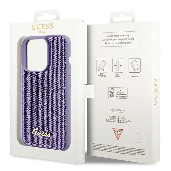 Guess Sequin Script Metal case for iPhone 15 Pro - purpleeng