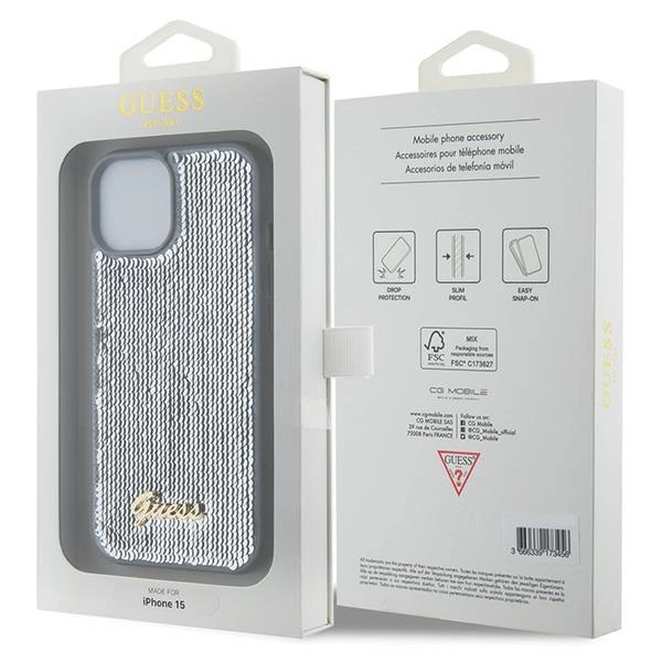 Guess Sequin Script Metal case for iPhone 15 - silvereng
