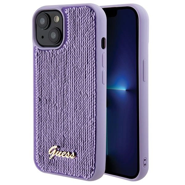 Guess Sequin Script Metal case for iPhone 15 - purpleeng