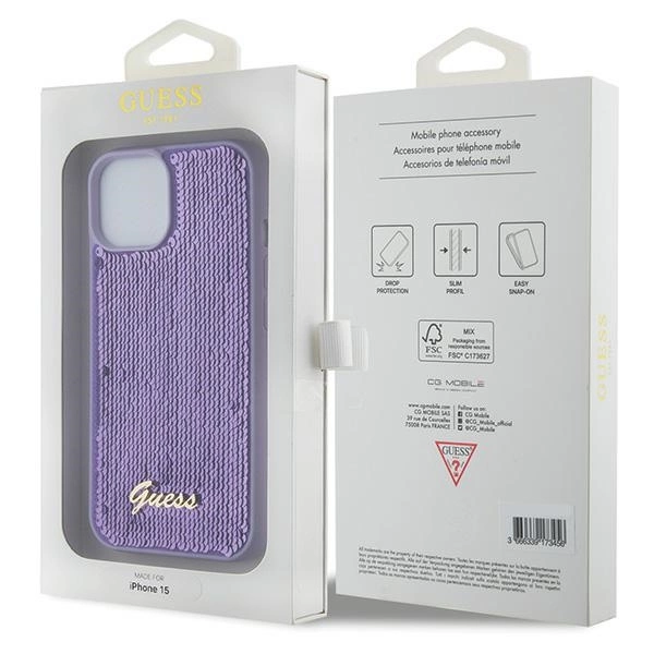 Guess Sequin Script Metal case for iPhone 15 - purpleeng