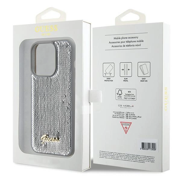 Guess Sequin Script Metal case for iPhone 15 Pro Max - silvereng