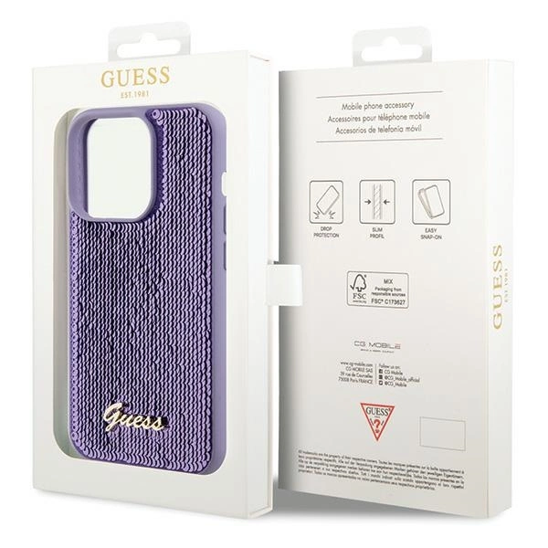 Guess Sequin Script Metal case for iPhone 15 Pro Max - purpleeng