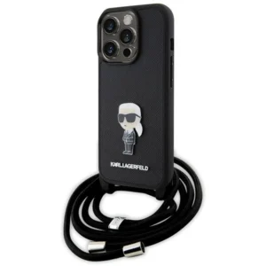 Karl Lagerfeld Crossbody Saffiano Monogram Metal Pin Karl & Choupette Case for iPhone 15 Pro - Blackeng