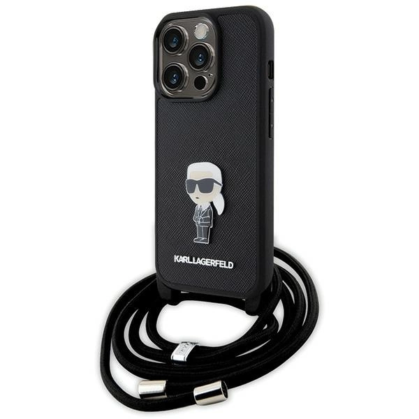 Karl Lagerfeld Crossbody Saffiano Monogram Metal Pin Karl & Choupette Case for iPhone 15 Pro - Blackeng