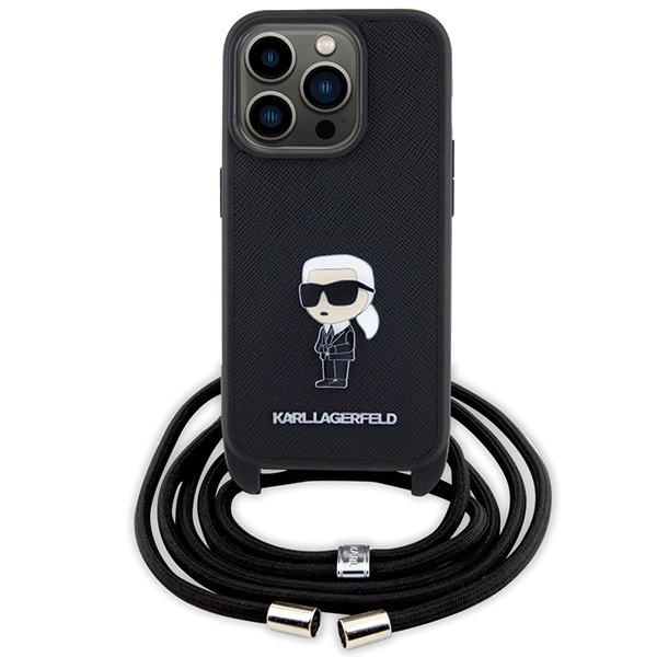 Karl Lagerfeld Crossbody Saffiano Monogram Metal Pin Karl & Choupette Case for iPhone 15 Pro - Blackeng