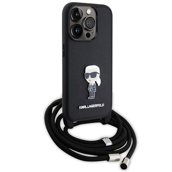 Karl Lagerfeld Crossbody Saffiano Monogram Metal Pin Karl & Choupette Case for iPhone 15 Pro - Blackeng
