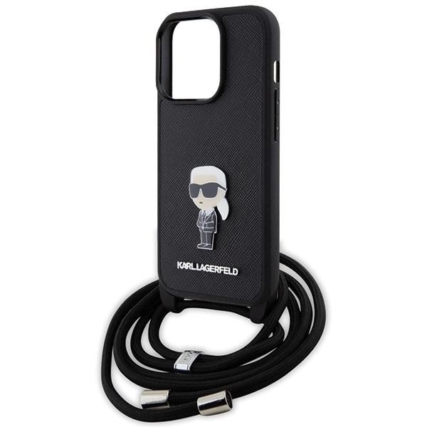 Karl Lagerfeld Crossbody Saffiano Monogram Metal Pin Karl & Choupette Case for iPhone 15 Pro - Blackeng