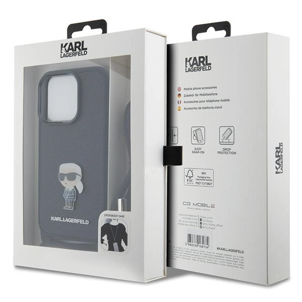 Karl Lagerfeld Crossbody Saffiano Monogram Metal Pin Karl & Choupette Case for iPhone 15 Pro - Blackeng