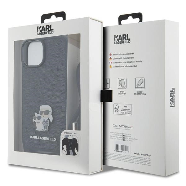 Karl Lagerfeld Crossbody Saffiano Metal Pin Karl & Choupette case for iPhone 15 Plus - blackeng