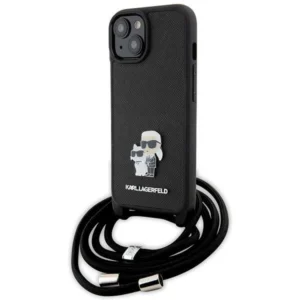 Karl Lagerfeld Crossbody Saffiano Metal Pin Karl & Choupette case for iPhone 15 - blackeng