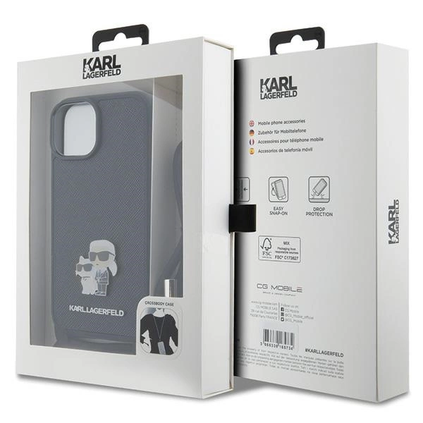 Karl Lagerfeld Crossbody Saffiano Metal Pin Karl & Choupette case for iPhone 15 - blackeng