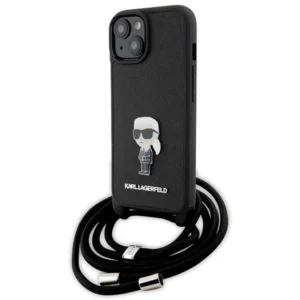 Karl Lagerfeld Crossbody Saffiano Monogram Metal Pin Karl & Choupette Case for iPhone 15 - Blackeng