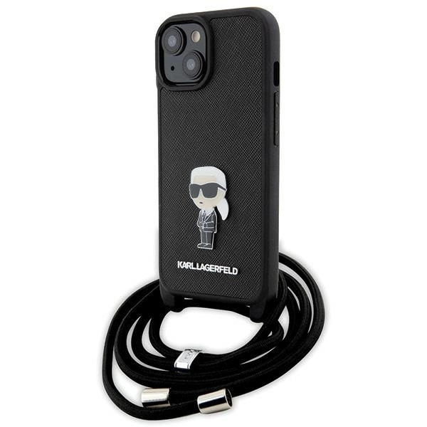 Karl Lagerfeld Crossbody Saffiano Monogram Metal Pin Karl & Choupette Case for iPhone 15 - Blackeng