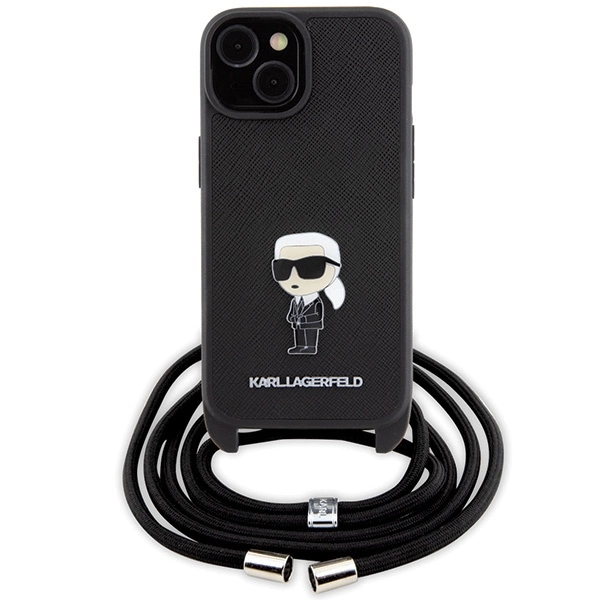 Karl Lagerfeld Crossbody Saffiano Monogram Metal Pin Karl & Choupette Case for iPhone 15 - Blackeng