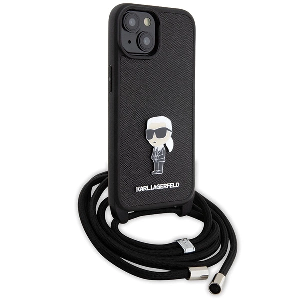 Karl Lagerfeld Crossbody Saffiano Monogram Metal Pin Karl & Choupette Case for iPhone 15 - Blackeng