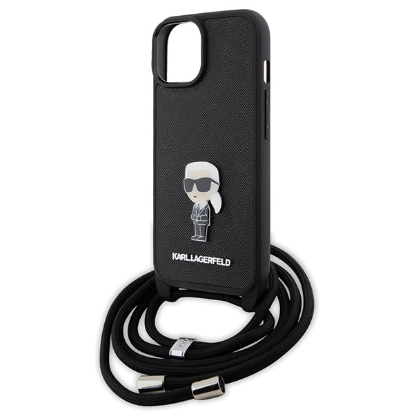 Karl Lagerfeld Crossbody Saffiano Monogram Metal Pin Karl & Choupette Case for iPhone 15 - Blackeng