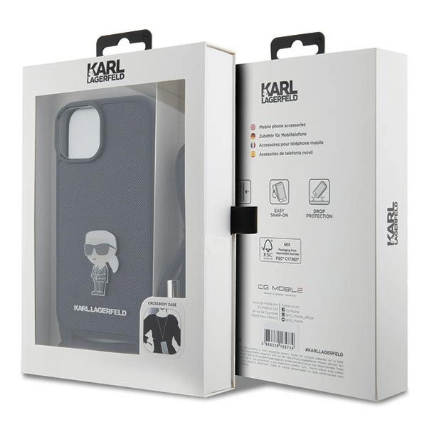 Karl Lagerfeld Crossbody Saffiano Monogram Metal Pin Karl & Choupette Case for iPhone 15 - Blackeng