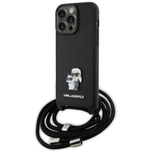 Karl Lagerfeld Crossbody Saffiano Metal Pin Karl & Choupette Case for iPhone 15 Pro Max - Blackeng