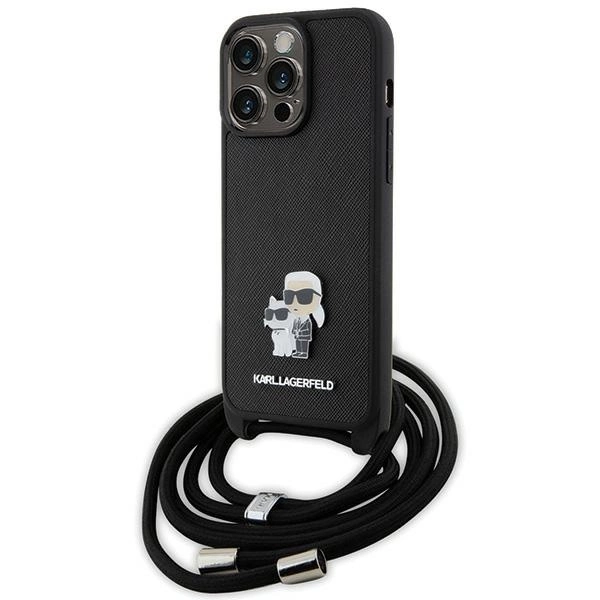 Karl Lagerfeld Crossbody Saffiano Metal Pin Karl & Choupette Case for iPhone 15 Pro Max - Blackeng