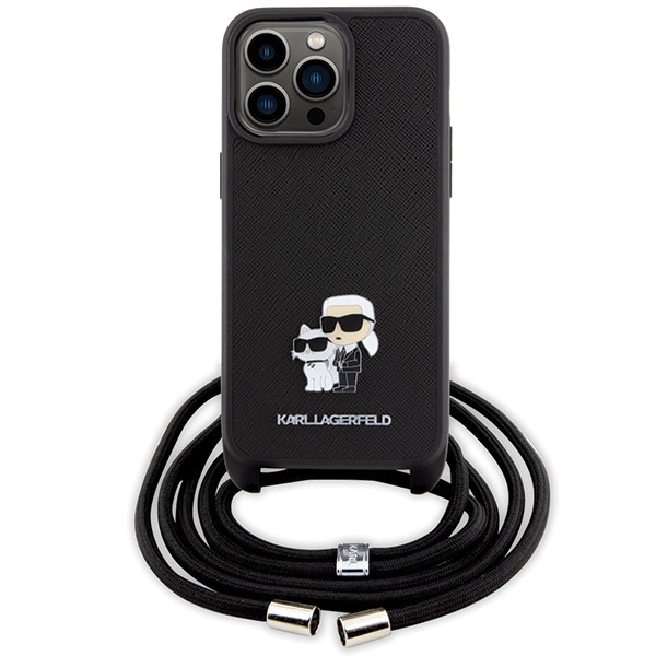 Karl Lagerfeld Crossbody Saffiano Metal Pin Karl & Choupette Case for iPhone 15 Pro Max - Blackeng