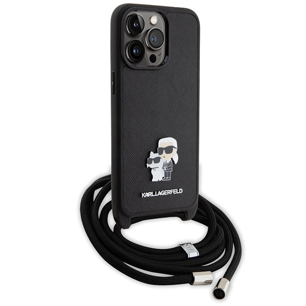 Karl Lagerfeld Crossbody Saffiano Metal Pin Karl & Choupette Case for iPhone 15 Pro Max - Blackeng
