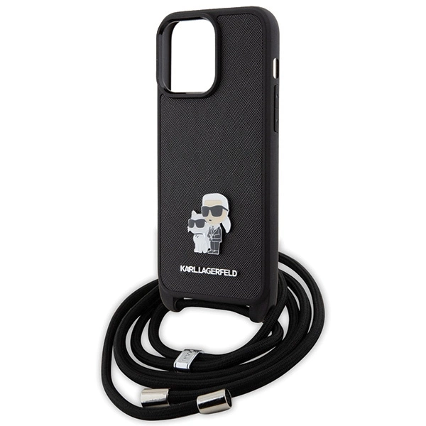 Karl Lagerfeld Crossbody Saffiano Metal Pin Karl & Choupette Case for iPhone 15 Pro Max - Blackeng