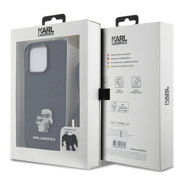 Karl Lagerfeld Crossbody Saffiano Metal Pin Karl & Choupette Case for iPhone 15 Pro Max - Blackeng