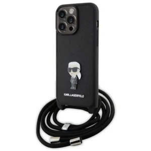 Karl Lagerfeld Crossbody Saffiano Monogram Metal Pin Karl & Choupette Case for iPhone 15 Pro Max - Blackeng