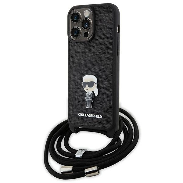 Karl Lagerfeld Crossbody Saffiano Monogram Metal Pin Karl & Choupette Case for iPhone 15 Pro Max - Blackeng
