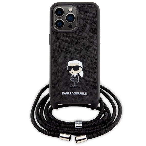 Karl Lagerfeld Crossbody Saffiano Monogram Metal Pin Karl & Choupette Case for iPhone 15 Pro Max - Blackeng