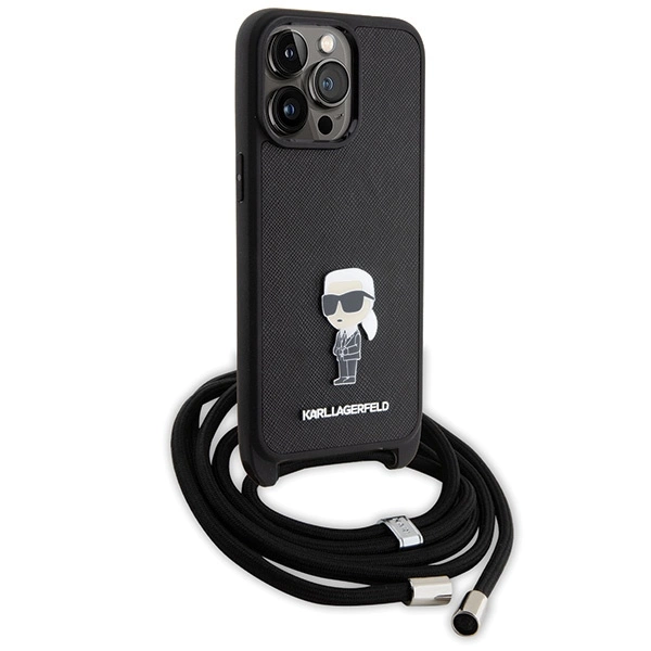 Karl Lagerfeld Crossbody Saffiano Monogram Metal Pin Karl & Choupette Case for iPhone 15 Pro Max - Blackeng