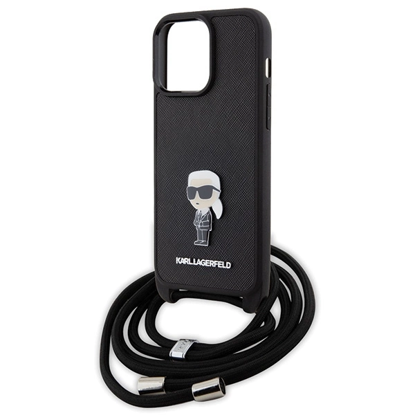 Karl Lagerfeld Crossbody Saffiano Monogram Metal Pin Karl & Choupette Case for iPhone 15 Pro Max - Blackeng
