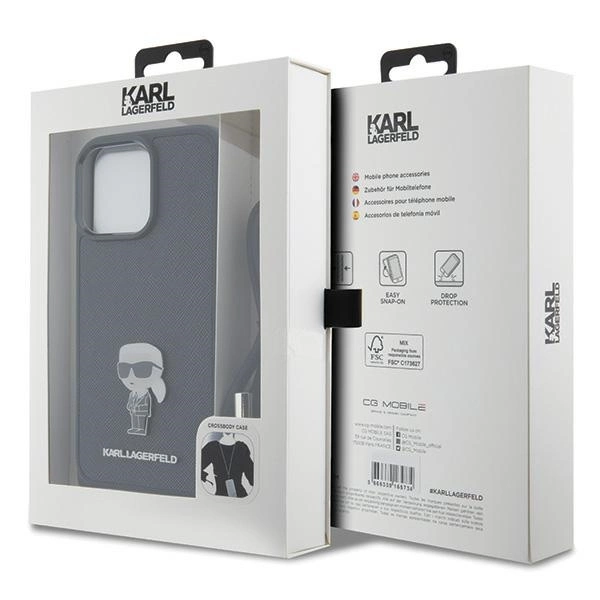 Karl Lagerfeld Crossbody Saffiano Monogram Metal Pin Karl & Choupette Case for iPhone 15 Pro Max - Blackeng