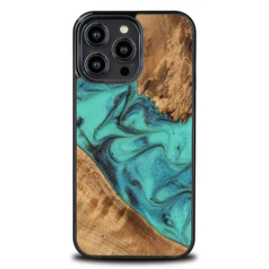 Bewood Unique Turquoise Wood and Resin Case for iPhone 15 Pro Max - Turquoise and Blackeng