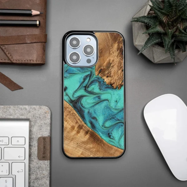 Bewood Unique Turquoise Wood and Resin Case for iPhone 15 Pro Max - Turquoise and Blackeng