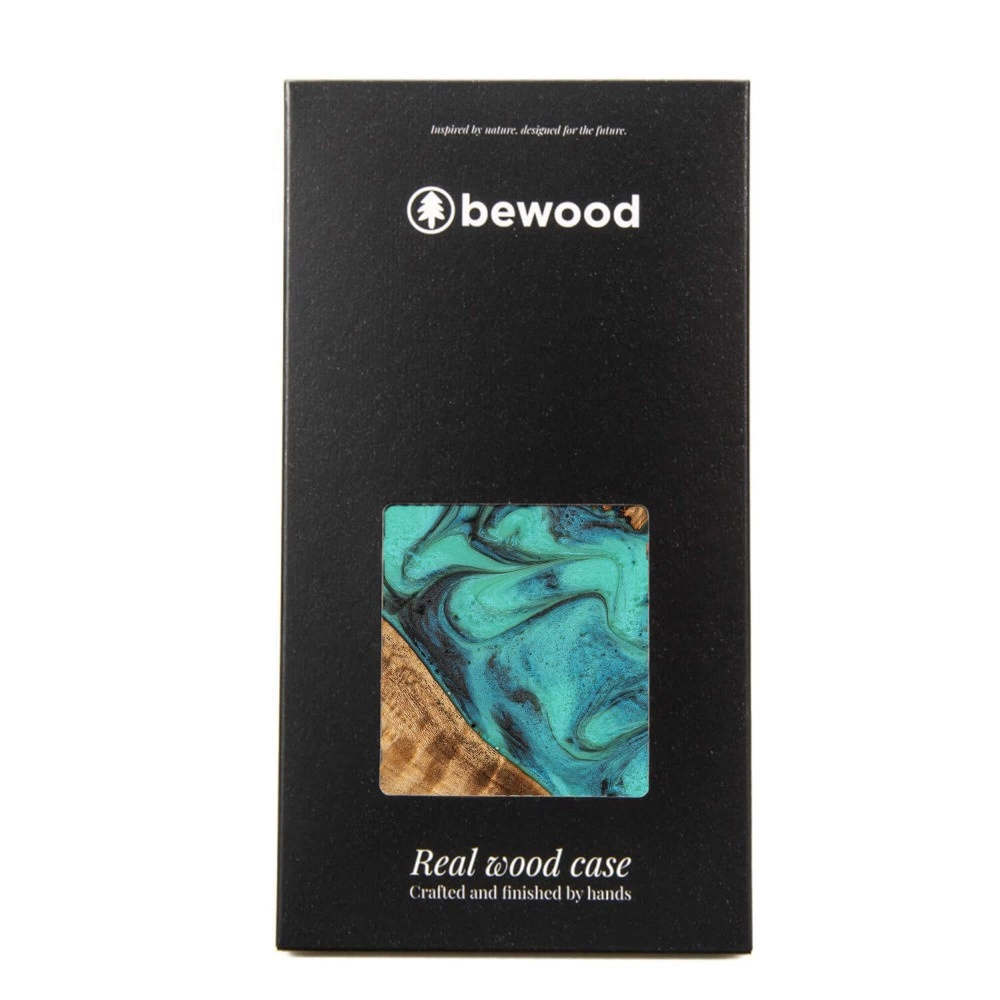 Bewood Unique Turquoise Wood and Resin Case for iPhone 15 Pro Max - Turquoise and Blackeng
