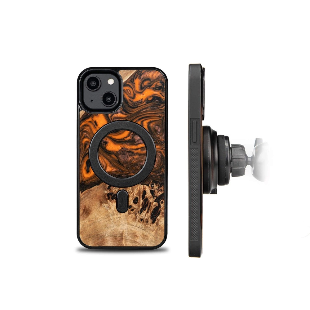 Wood and resin case for iPhone 15 MagSafe Bewood Unique Orange - orange and blackeng
