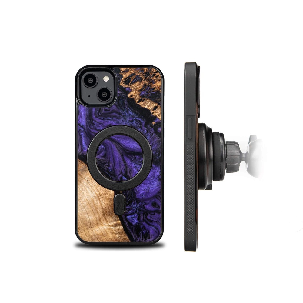 Wood and resin case for iPhone 15 Plus MagSafe Bewood Unique Violet - purple and blackeng