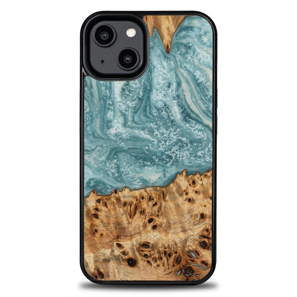 Wood and resin case for iPhone 15 Plus Bewood Unique Uranus - blue and whiteeng