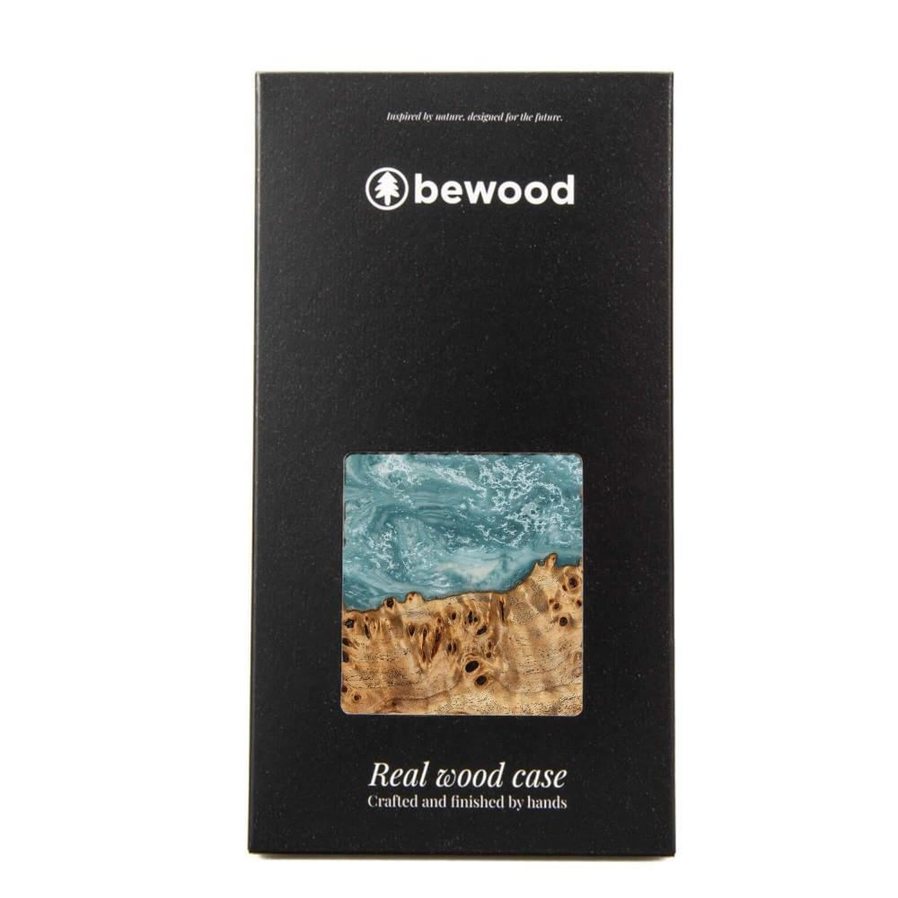 Wood and resin case for iPhone 15 Plus Bewood Unique Uranus - blue and whiteeng