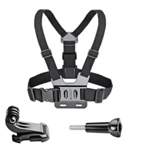Adjustable harness for a sports camera with a rotating tripod and a phone standeng