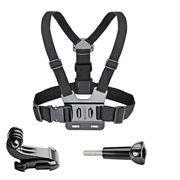 Adjustable harness for a sports camera with a rotating tripod and a phone standeng