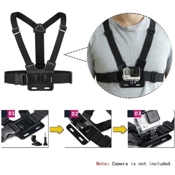 Adjustable harness for a sports camera with a rotating tripod and a phone standeng