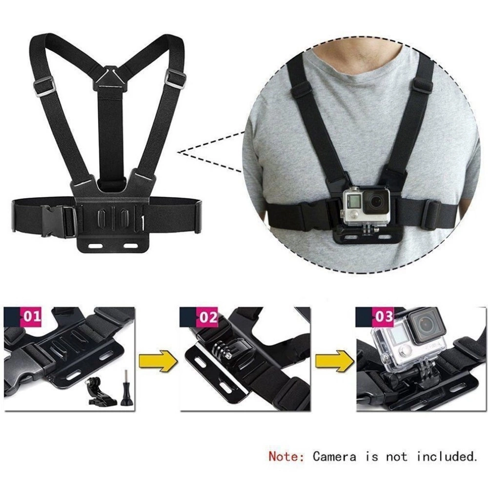 Adjustable harness for a sports camera with a rotating tripod and a phone standeng