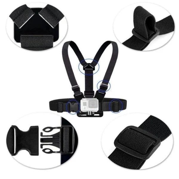 Adjustable harness for a sports camera with a rotating tripod and a phone standeng