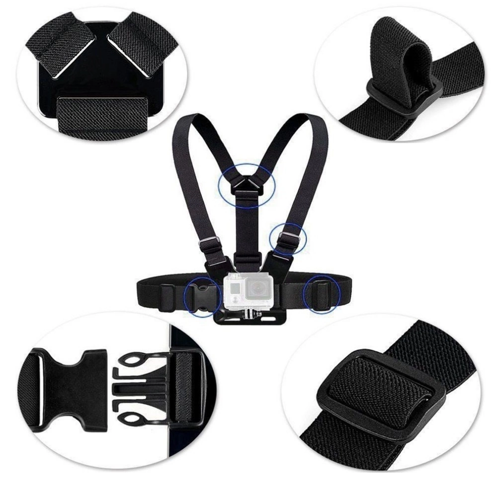 Adjustable harness for a sports camera with a rotating tripod and a phone standeng