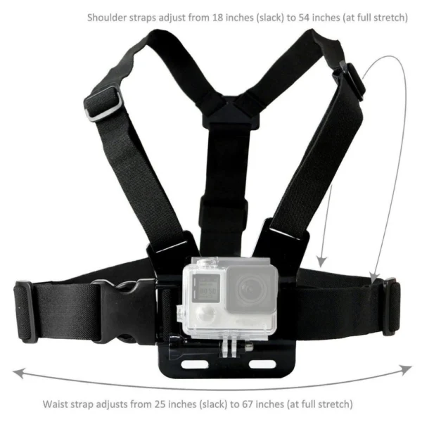 Adjustable harness for a sports camera with a rotating tripod and a phone standeng