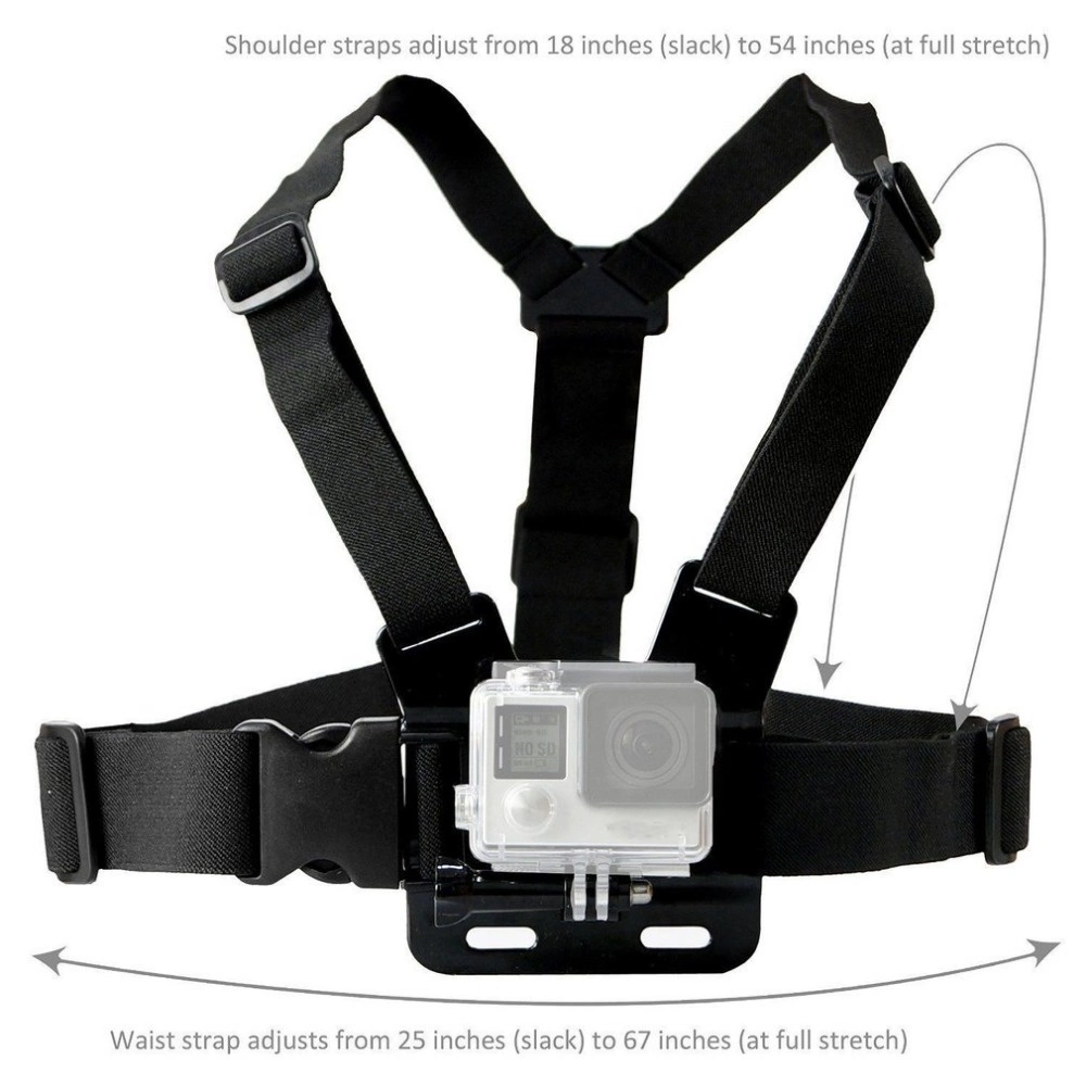 Adjustable harness for a sports camera with a rotating tripod and a phone standeng