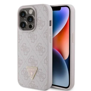 Guess Leather 4G Triangle Strass iPhone 15 Pro Case - Pinkeng